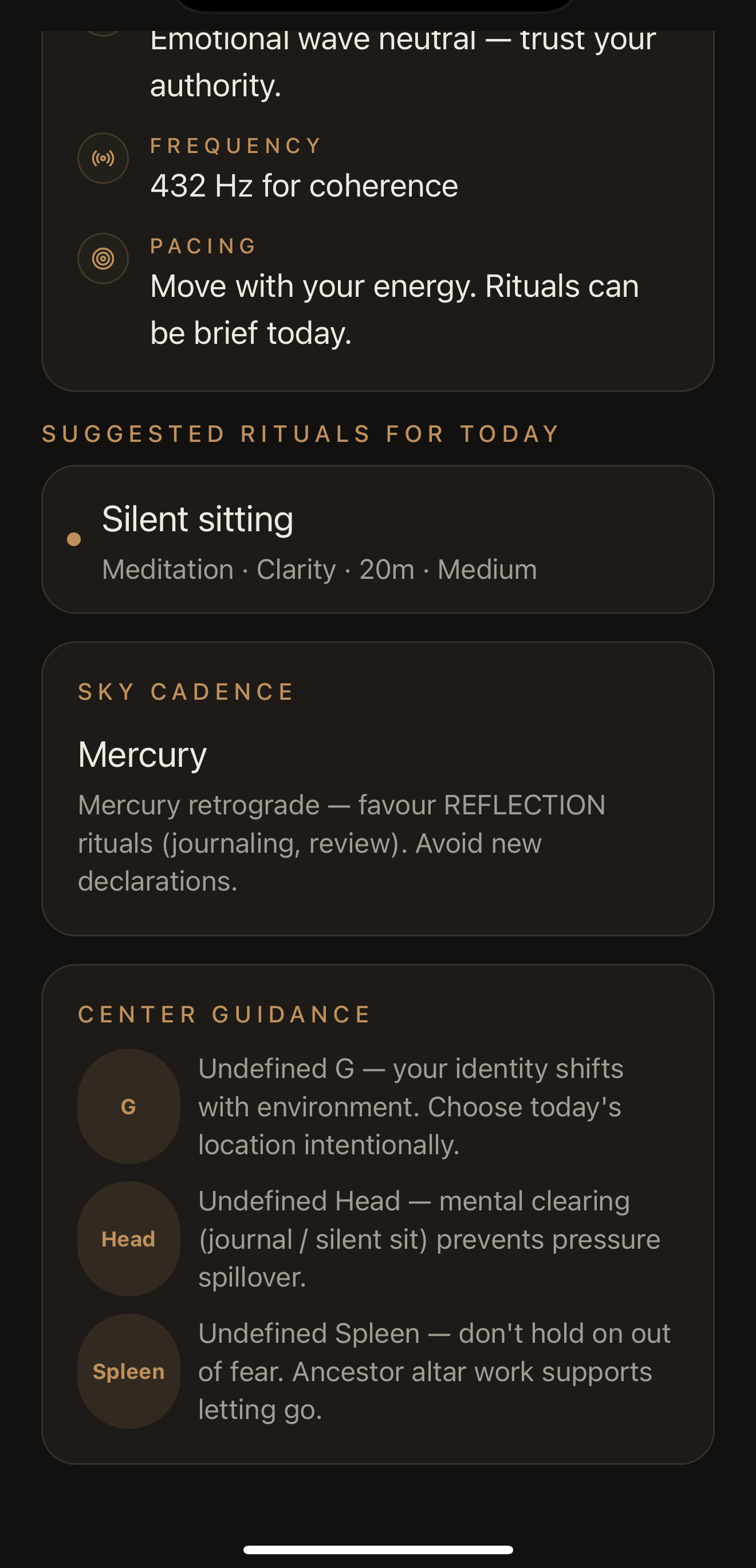 Kaira cycle screen — 28-day cycle with lunar phases and retrogrades explained in plain language