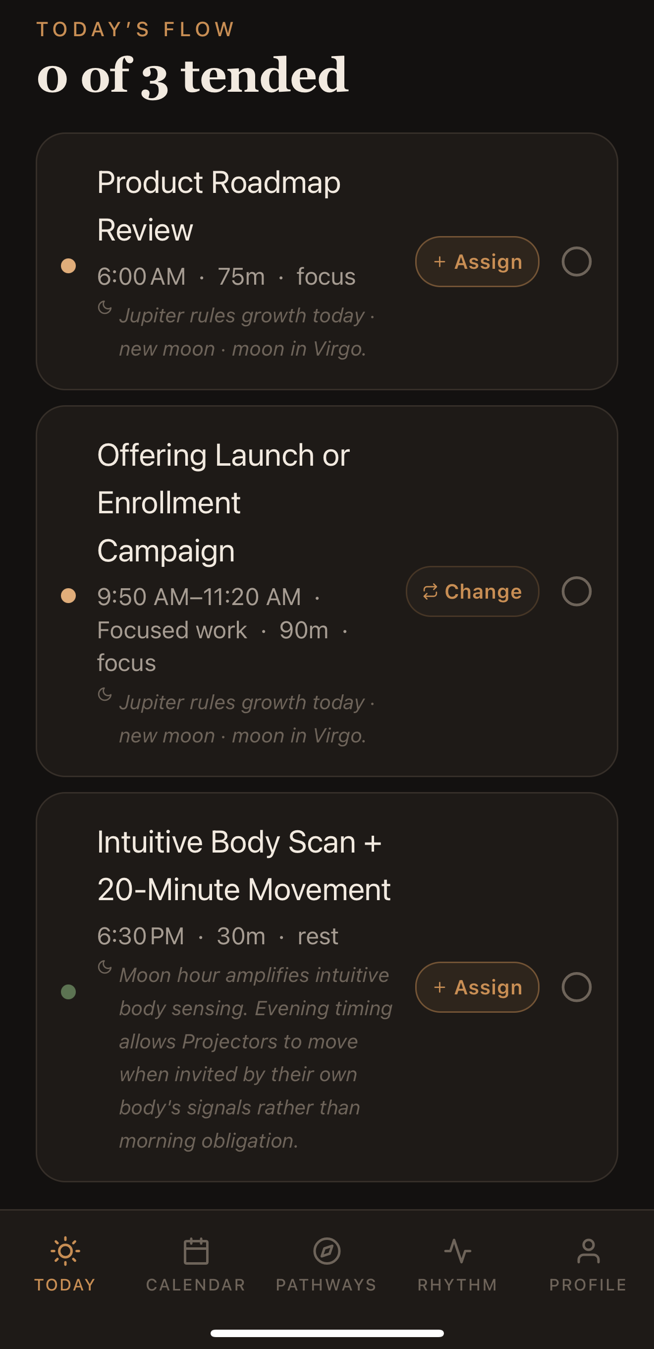 Kaira Today flow — three tasks with time, duration, focus or rest type, and the energetic reasoning for each