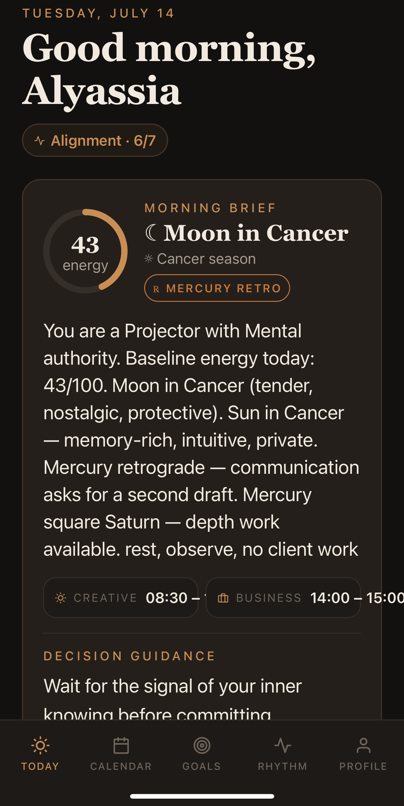 Kaira daily guidance and rituals screen
